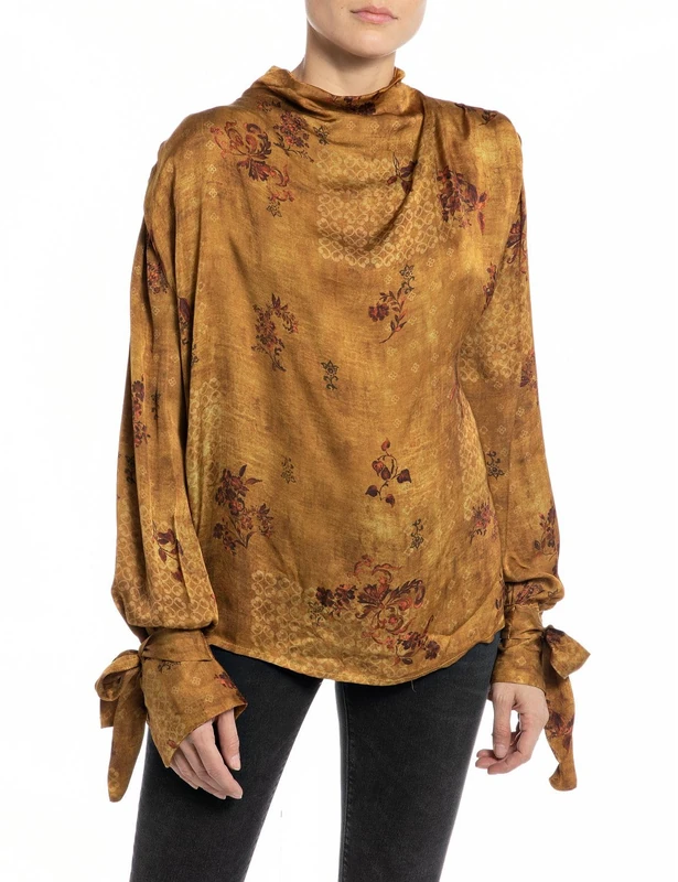 REPLAY Adult W2111 All Over Printed Viscose Plain Blouse, Mustard/Cream 010, XL