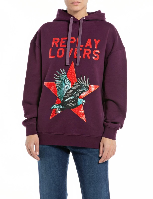 REPLAY Adult W3100 Piece Dyed Cotton Fleece Hooded Sweatshirt, Aubergine 477, M