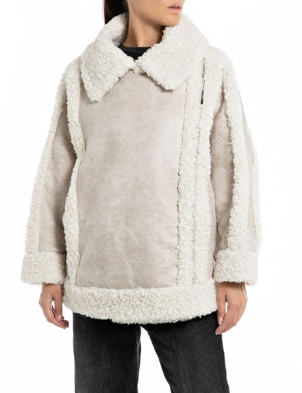 REPLAY women's faux leather jacket with faux fur teddy jacket, Ivory 865 (Grey), L
