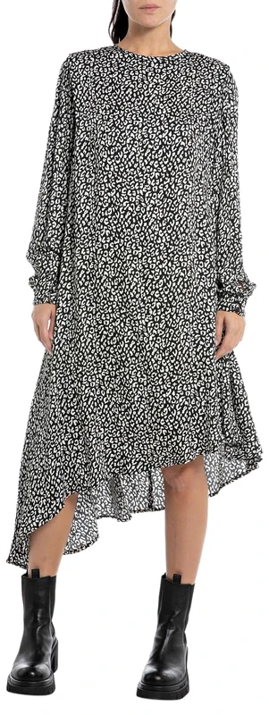 REPLAY Adult W9069 All Over Printed Viscose Satin Dress, Black/Natural White 010, XS