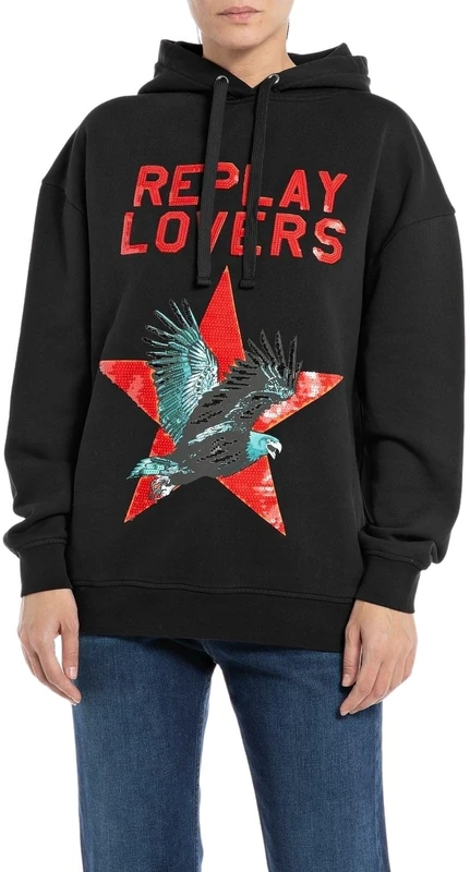 REPLAY Adult W3100 Piece Dyed Cotton Fleece Hooded Sweatshirt, Black 098, L