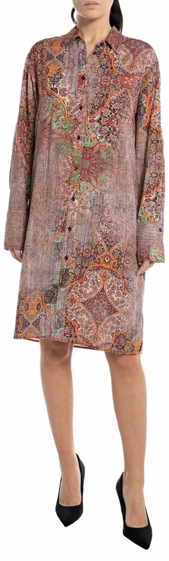 REPLAY Adult W9071 All Over Printed Viscose Plain Dress, Multicolor 010, L