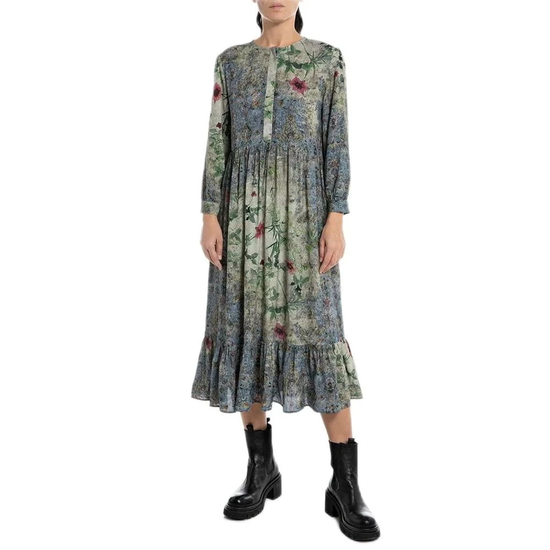 REPLAY Adult W9063 All Over Printed Viscose Marocaine Dress, Multicolor 010, XS