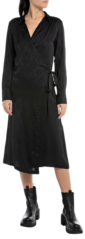 REPLAY Adult W9023 Jacquard Viscose Satin Dress, Black 098, XS