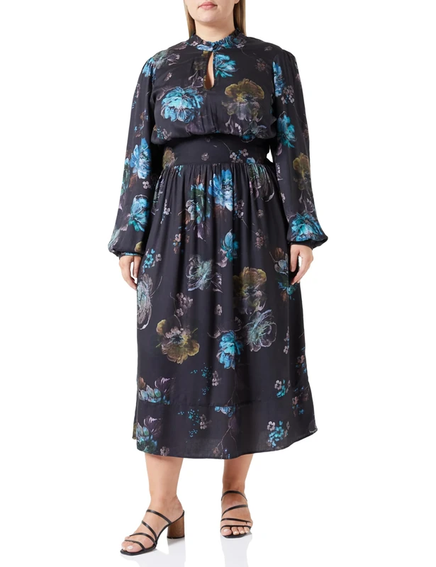 REPLAY Adult W9066 All Over Printed Viscose Satin Dress, Dark Brown/Multicolor 010, S