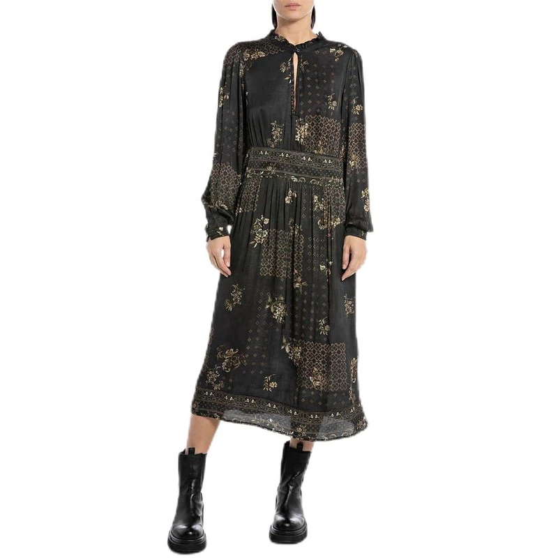 REPLAY Women's Maxi Dress Long Sleeve All Over Print, Dark Brown/Cream 010 (Multicolored), XL