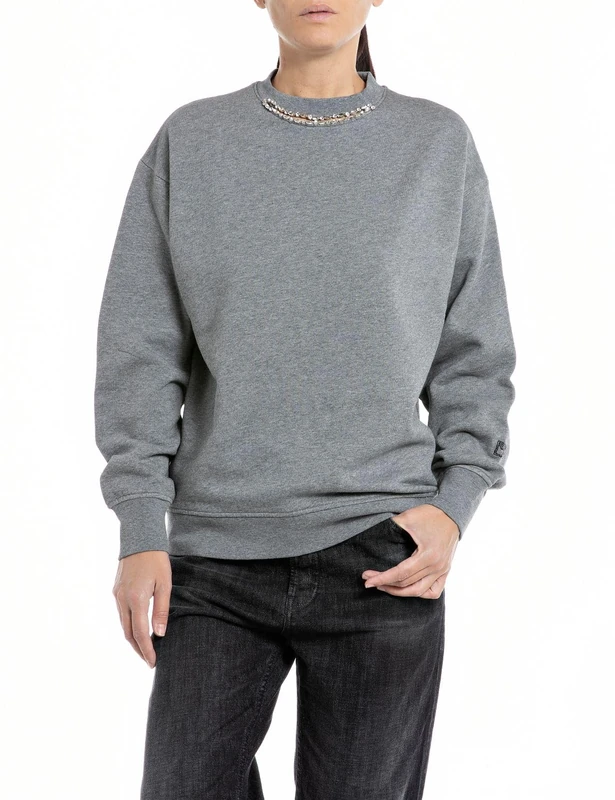 REPLAY Adult W3109 Cotton Fleece Sweatshirt, Melange Grey. M02, S