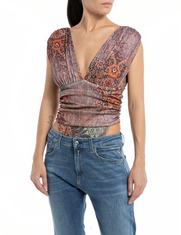 REPLAY Women's W3076 All Over Printed Poly Jersey Stretch Cami Shirt, 010 Black/Multicolour, M - Image 1