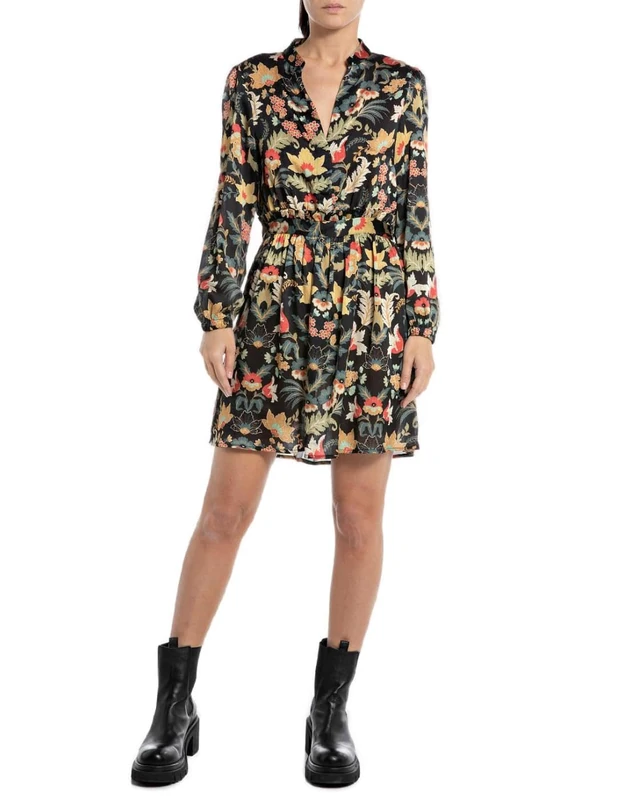 REPLAY Adult W9058 All Over Printed Poly Crepon Satin Dress, Black/Multicolor 010, XS