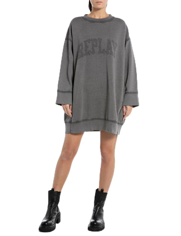 REPLAY Adult W9072 Garment Dyed Cotton Fleece Dress, Anthracite 093, S