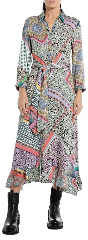REPLAY Adult W9602 Mix All Over Printed Poly Fabric Dress, Black/Multicolor 010, XXS