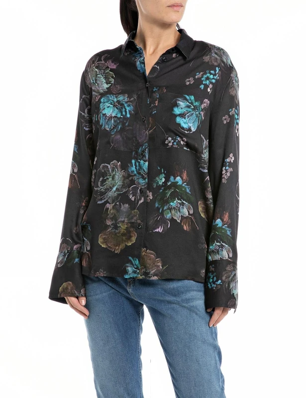 REPLAY Adult W2121 All Over Printed Viscose Satin Blouse, Dark Brown/Multicolor 010, M - Image 1