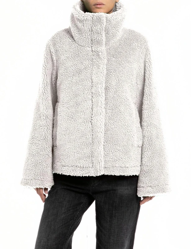 REPLAY women's jacket faux fur jacket made of teddy fur, Ivory 865 (Grey), S