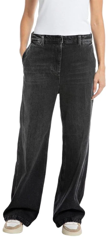 REPLAY Women's Jeans Drewby Wide Leg Straight-Fit Made of Comfort Denim, Black 098 (Black), 23W