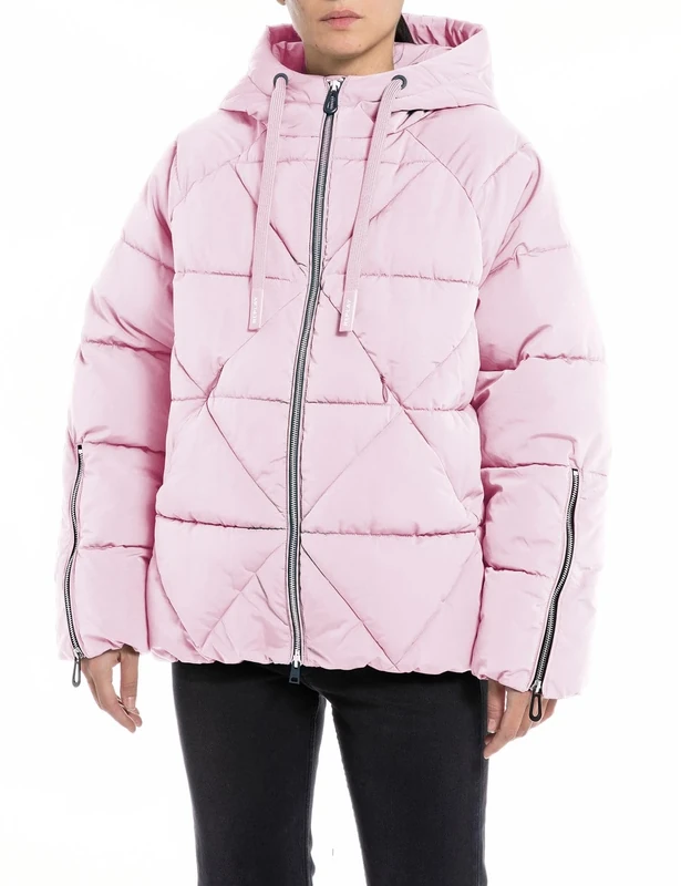REPLAY Adult W7805 Fine Poly Silky Touch Fabric Quilted Jacket, Almond Pink 666, L