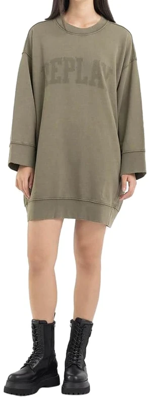 REPLAY Adult W9072 Garment Dyed Cotton Fleece Dress, Dark Olive 234, XL