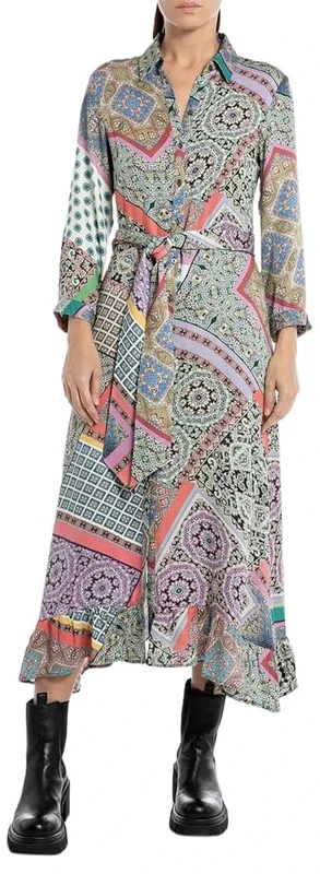 REPLAY Women's Long-Sleeved Maxi Dress with tie Belt, Black/Multicolor 010 (Multicolored), M