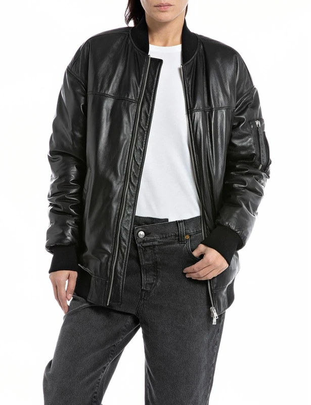 REPLAY Adult W7804A Leather blouson, Black 010, L