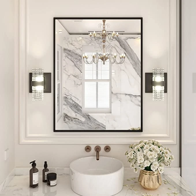 LOAAO 28"X36" Black Rectangle Bathroom Mirror Wall, Matte Black Aluminum Alloy Frame, Tempered Glass, Hangs Vertically or Horizontally, Easy to Install