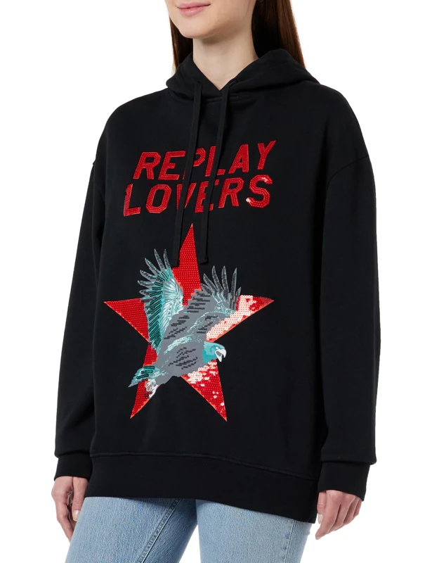 REPLAY Adult W3100 Piece Dyed Cotton Fleece Hooded Sweatshirt, Black 098, S