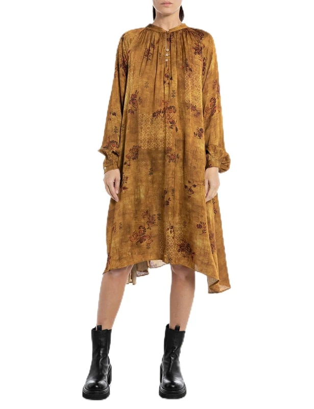 REPLAY Adult W9060 All Over Printed Viscose Satin Dress, Mustard/Cream 010, XS