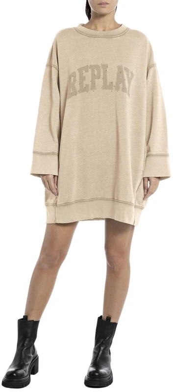 REPLAY Adult W9072 Garment Dyed Cotton Fleece Dress, Light Taupe 803, S