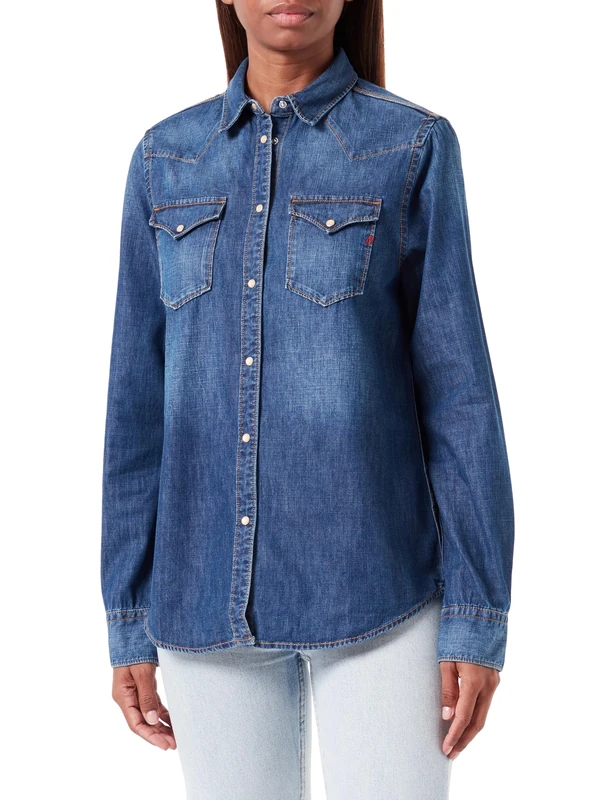 Replay women's long-sleeved denim shirt made of denim, blue (Dark Blue 007),