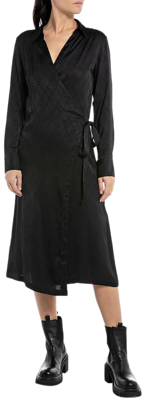 REPLAY Adult W9023 Jacquard Viscose Satin Dress, Black 098, L
