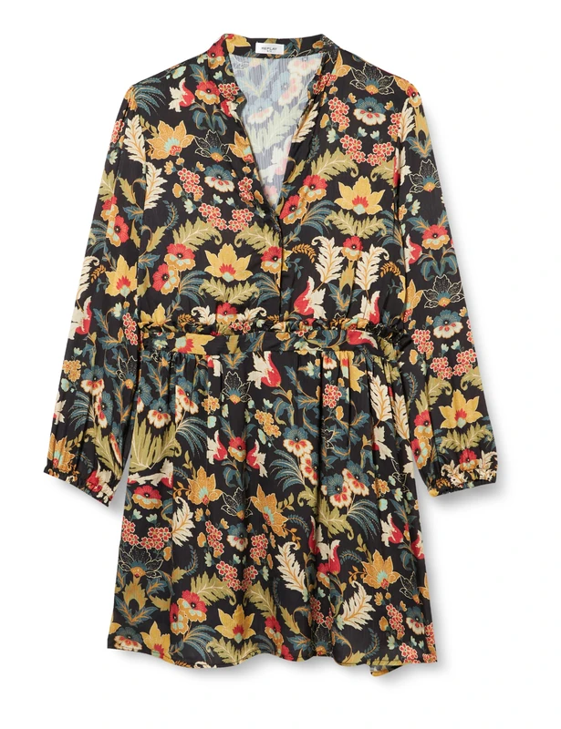 REPLAY Adult W9058 All Over Printed Viscose Satin Dress, Black/Multicolor 010, XXS
