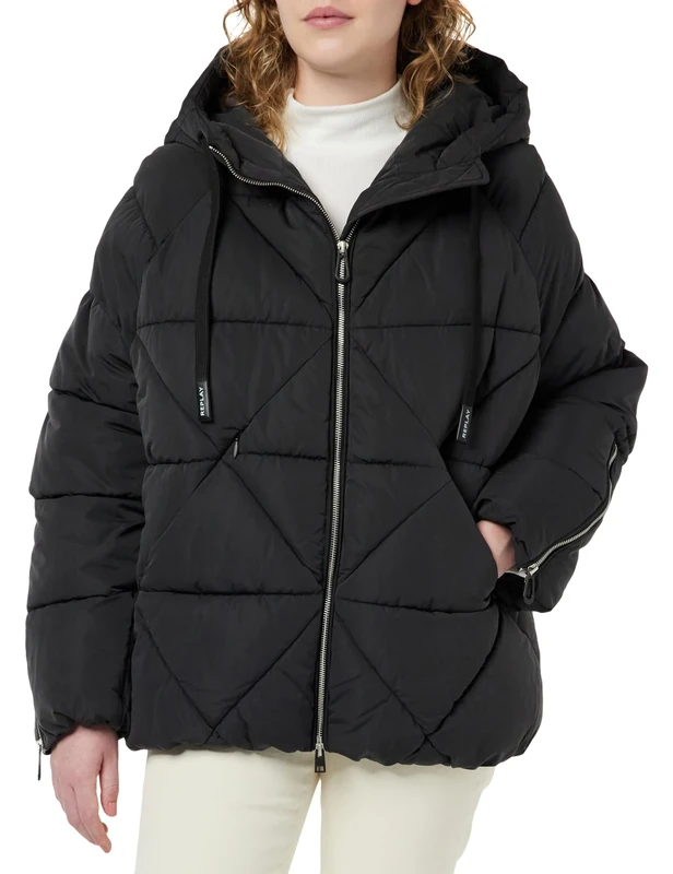 REPLAY Adult W7805 Fine Poly Silky Touch Fabric Quilted Jacket, Black 098, M