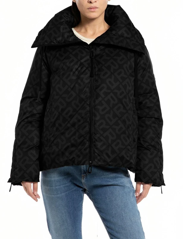 REPLAY Adult W7668B All Over Multi Logo Jacket, Black/Black 020, L