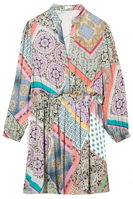 REPLAY Adult W9058 All Over Printed Viscose Satin Dress, Black/Multicolor 010, S