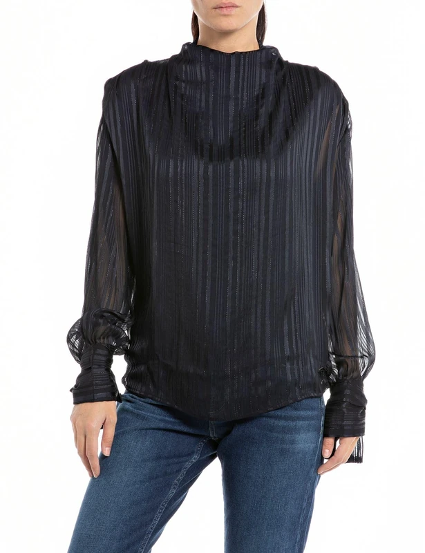 REPLAY Adult W2111A Jacquard Lurex Stripes Georgette Blouse, Blue 010, L