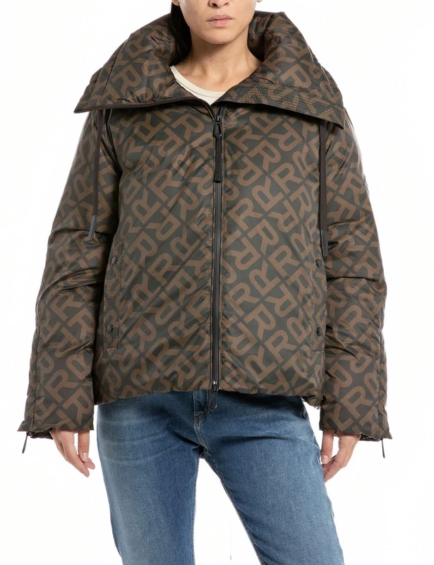 REPLAY Adult W7668B All Over Multi Logo Jacket, Brown/Black 010, S