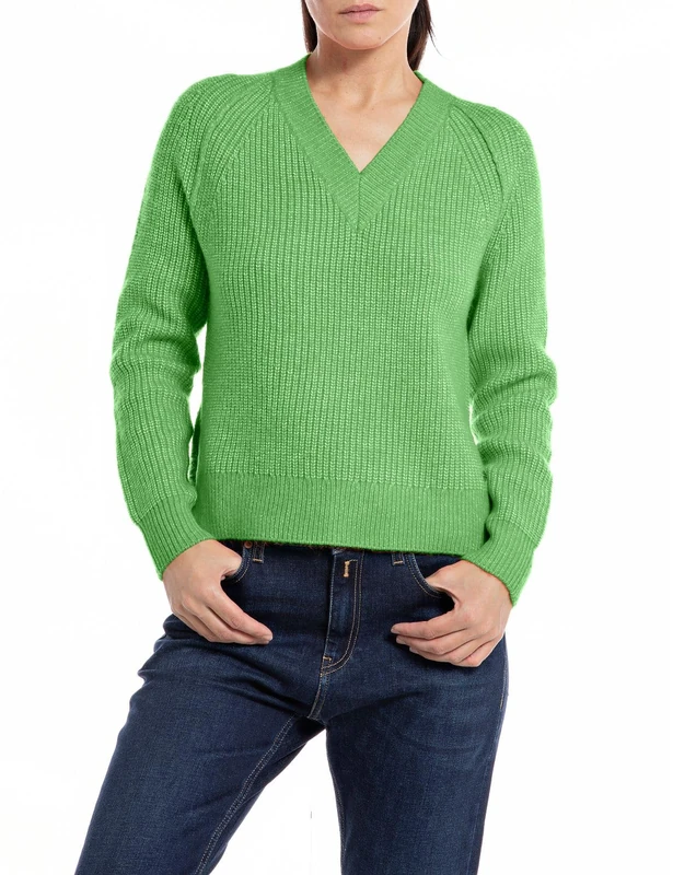 REPLAY Women's Sweater Knitted Sweater Recycled Material, Bright Green 674 (Green), XS