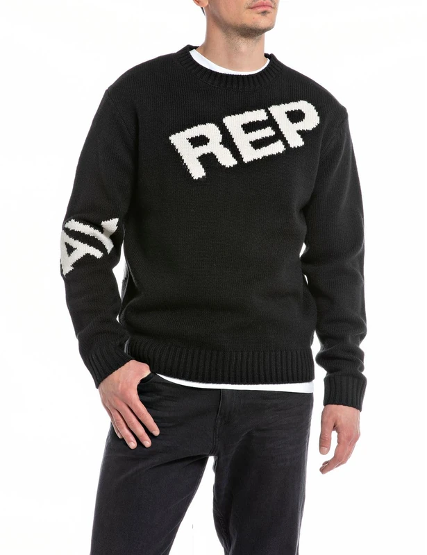 REPLAY Men's Wool Mix Sweater, Jacquard Black/Butter 110 (Multi-Coloured), S