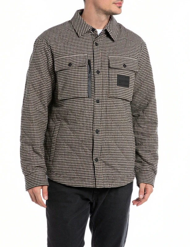 REPLAY Men's M8361A Shirt Jacket, Blk/Lt Brown/Natural White 010, XS