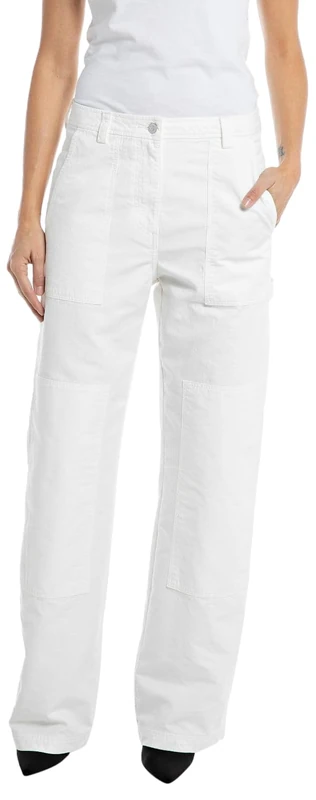 REPLAY Adult W8084 Double Weave Cotton Dobby Pants, Natural White 011, 25