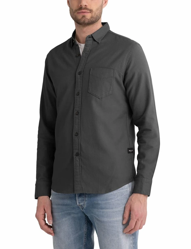REPLAY Men's Long-Sleeved Shirt Made of Cotton Mix, Midnight Grey 395 (Grey), S