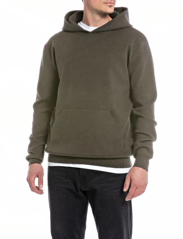 REPLAY Adult UK2519 Recycled Polyester Blend Hooded Sweatshirt, Mud Green 212, S