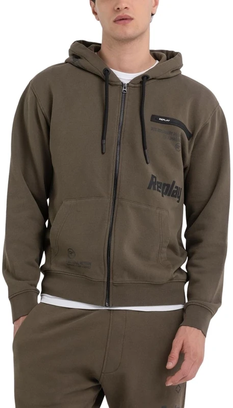 REPLAY Men's Zip Up Sweatshirt Jacket, Dark Olive 928 (Green), XL