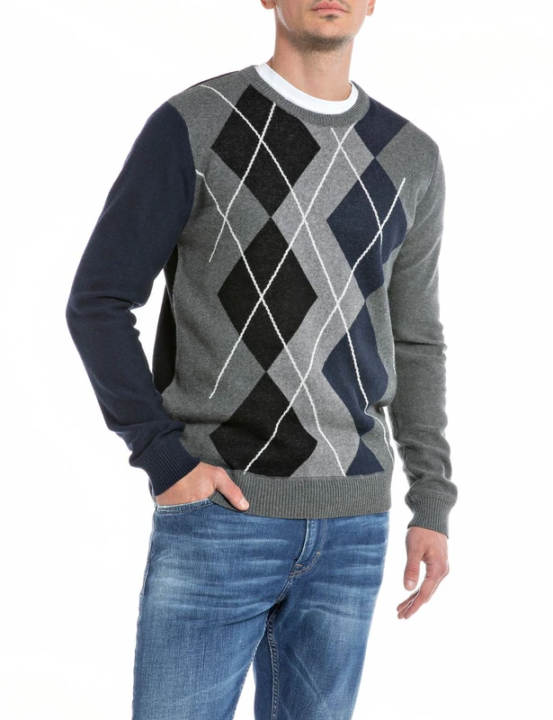REPLAY Adult UK2513 Cotton Cachemire Sweater, Jacquard Grey Mel/Black/Whithe 010, S