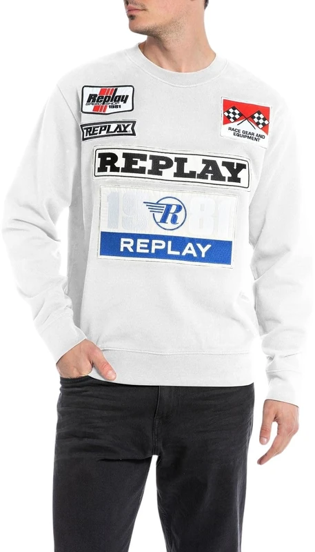 REPLAY Men's Sweatshirt Racing without Hood, Chalk 801 (White), XL - Image 1