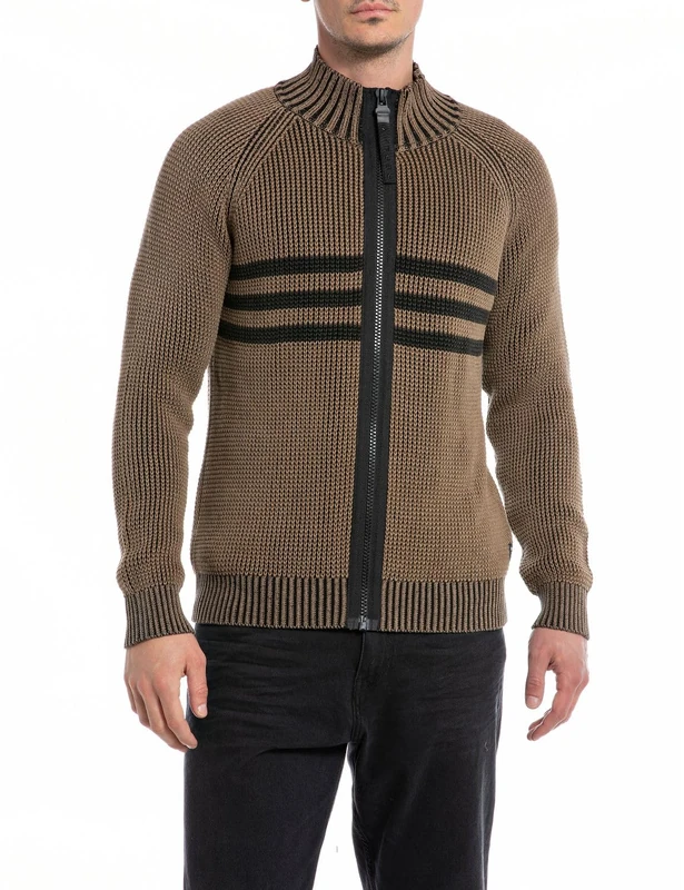 REPLAY Adult UK2516 Cotton Garment Dyed Cardigan Sweater, Light Mud 569, XL