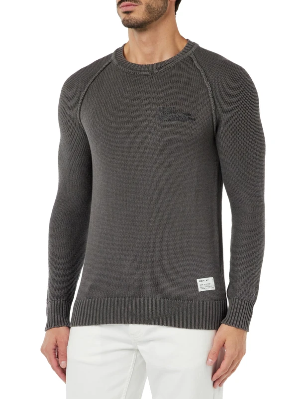 REPLAY Adult UK2501 Enzyme Wash Crinkle Sweater, Stone Grey. 294, M