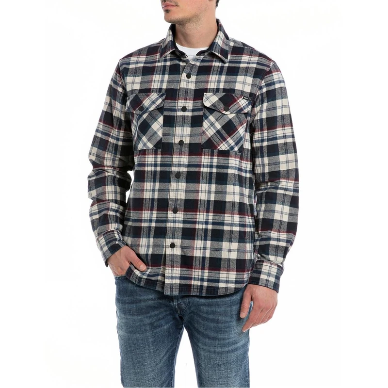 REPLAY Men's Long Sleeve Checked Shirt, Navy/Lt Cream/Lt Blue 010 (Multicolored), XXL