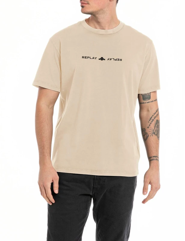 Replay Men's T-Shirt Short Sleeve Round Neck with Logo, Light Taupe 803 (Beige), S