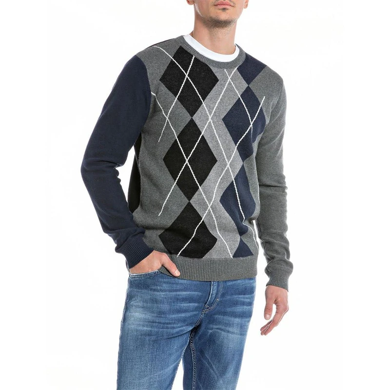 REPLAY Adult UK2513 Cotton Cachemire Sweater, Jacquard Grey Mel/Black/Whithe 010, XL