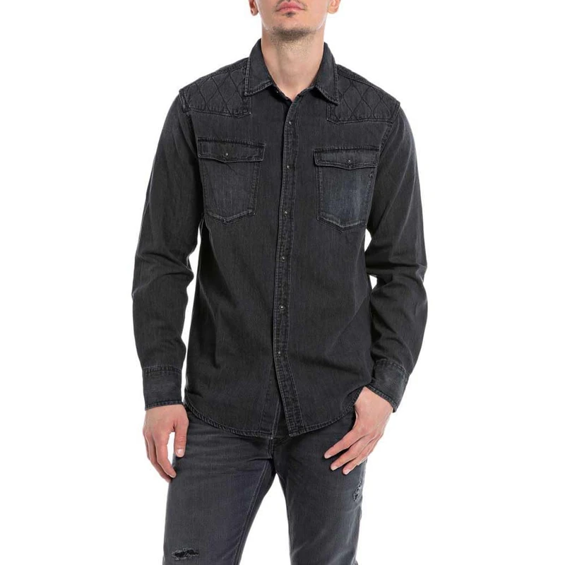 REPLAY Men's Long-Sleeved Cotton Denim Shirt, Black Delavè 099 (Black), S