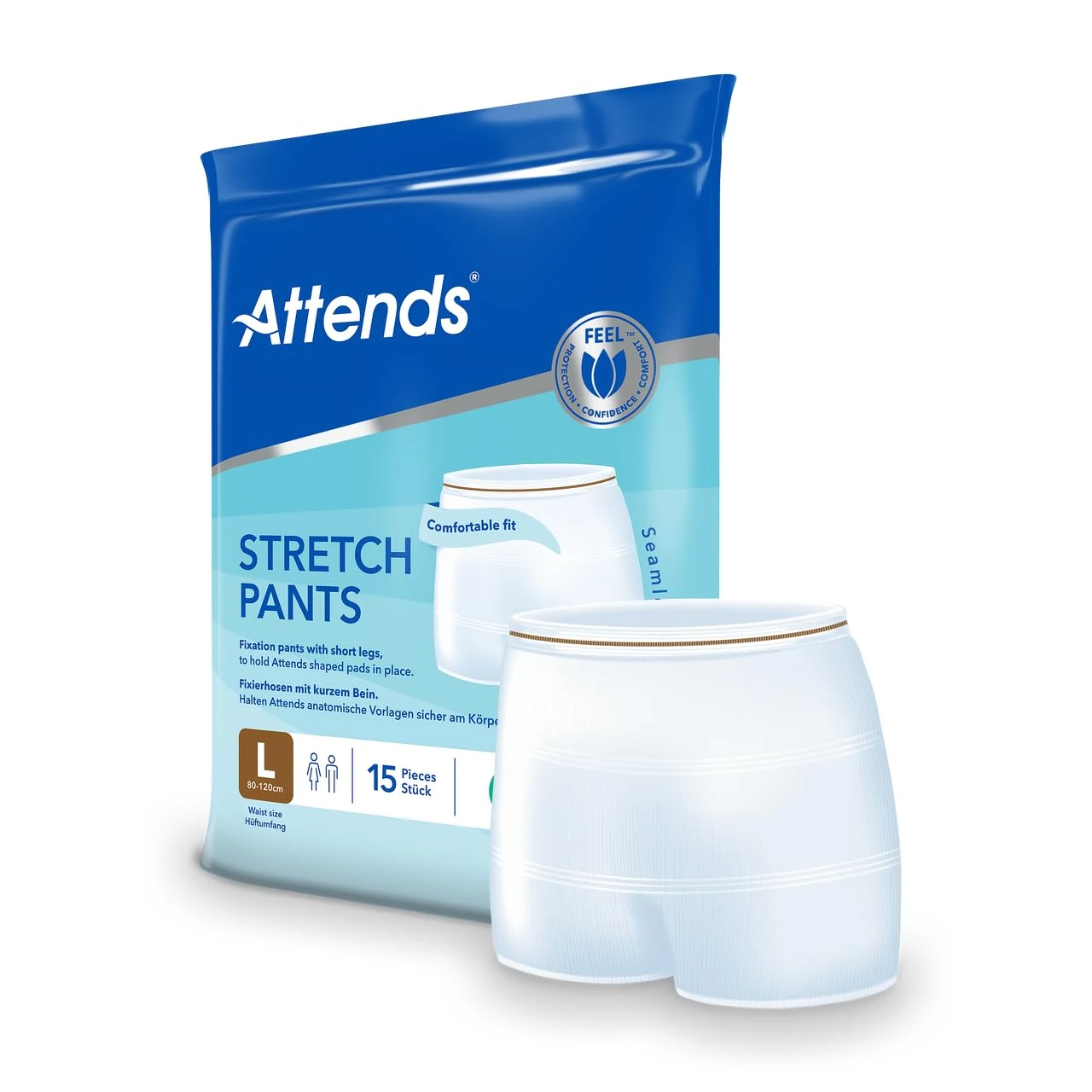 Attends Stretch Pants - Unisex Fixation Pants for Shaped Incontinence Pads (Large) - Pack of 15